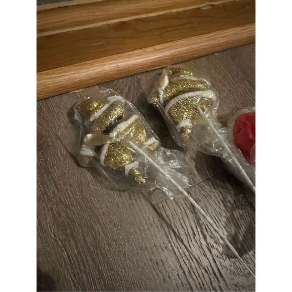 Vintage Flocked Santa Floral Picks Decor Gold Glitter & Santa Head 3 pieces MCM - Picture 6 of 7